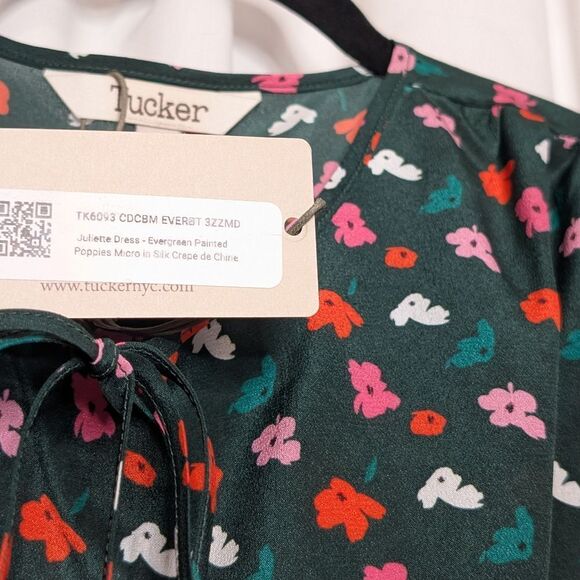 Tucker Juliette Dress Emerald Painted Poppies Micro in Silk Crepe de Chine Midi - Picture 5 of 8